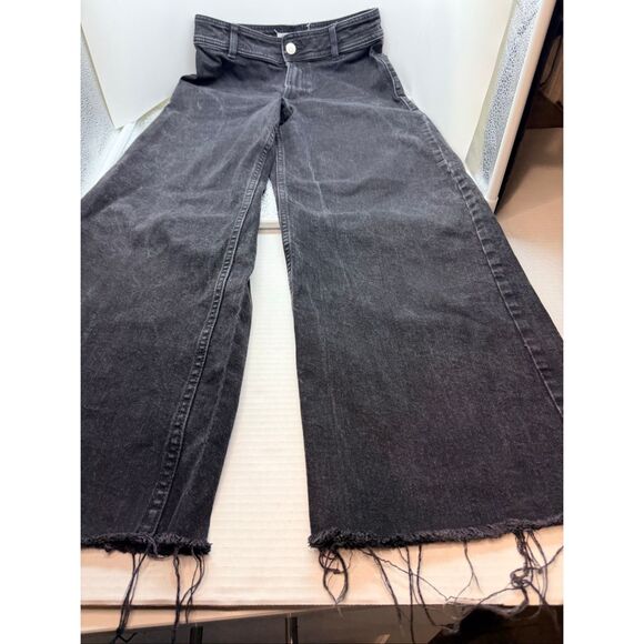 Mango Denim - MNG by Mango Women's Size 4 Catherine Black Wide Leg Flared Distressed Hem Jeans